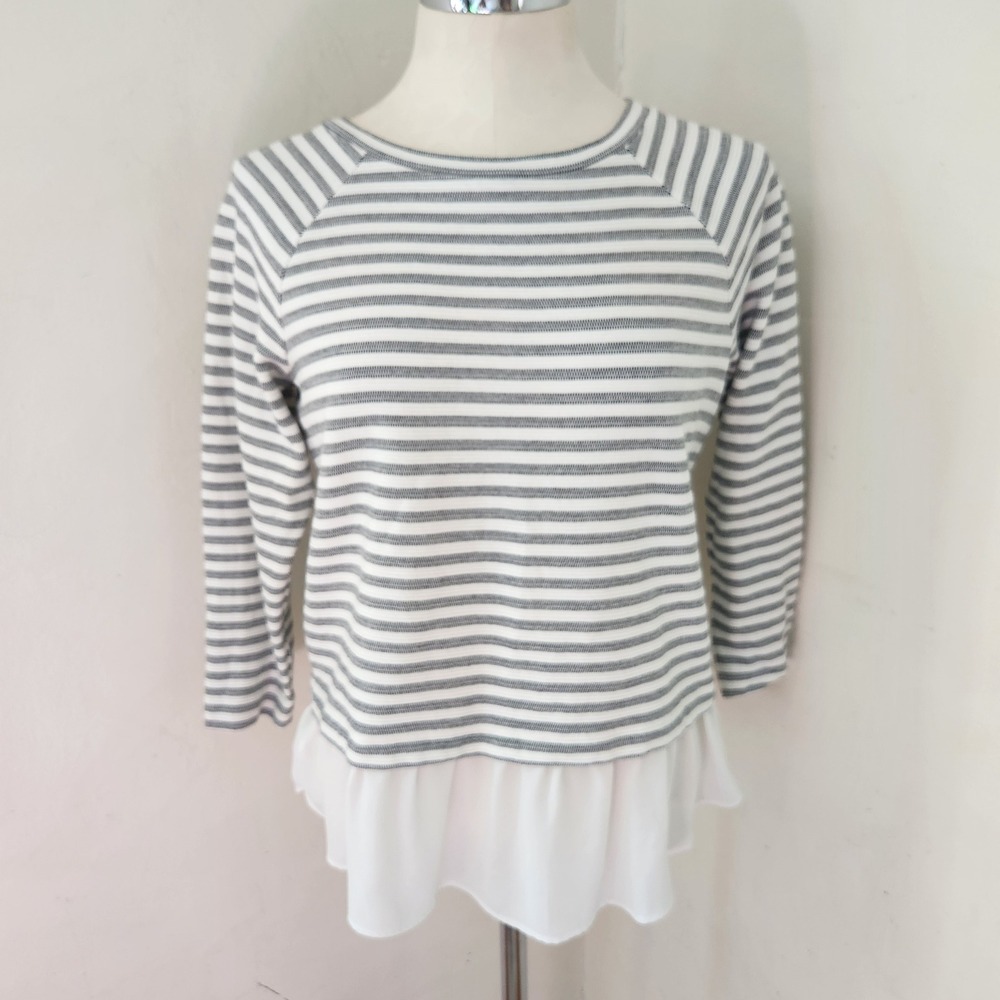 LOFT Women XS Navy White Striped Mixed Media Layered Top Chiffon Hem